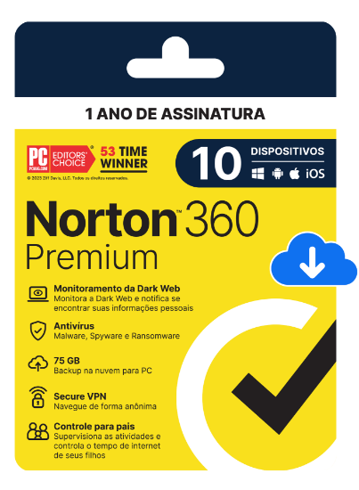 Imagem de NORTON 360 PREMIUM 75GB - 1 USUARIO; 10 DISPOSITIVOS - 12 MESES ESD